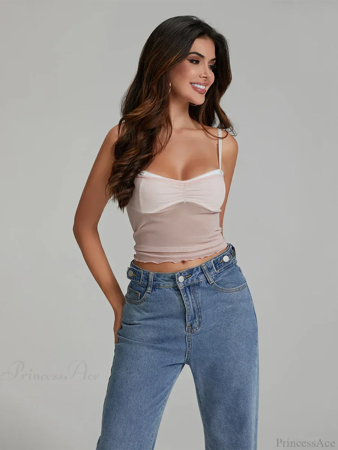 Mesh Ruched Color Patch Spaghetti Strap Crop Top - Image 9
