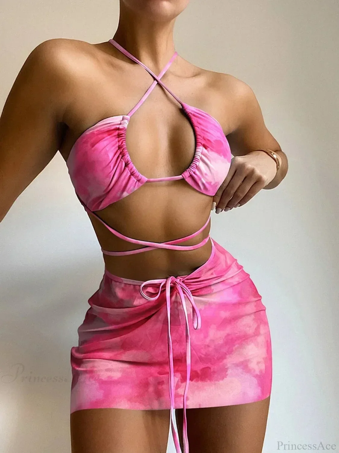 Mesh Sarong Skirt Bikini Three Piece Swimsuit - Image 3