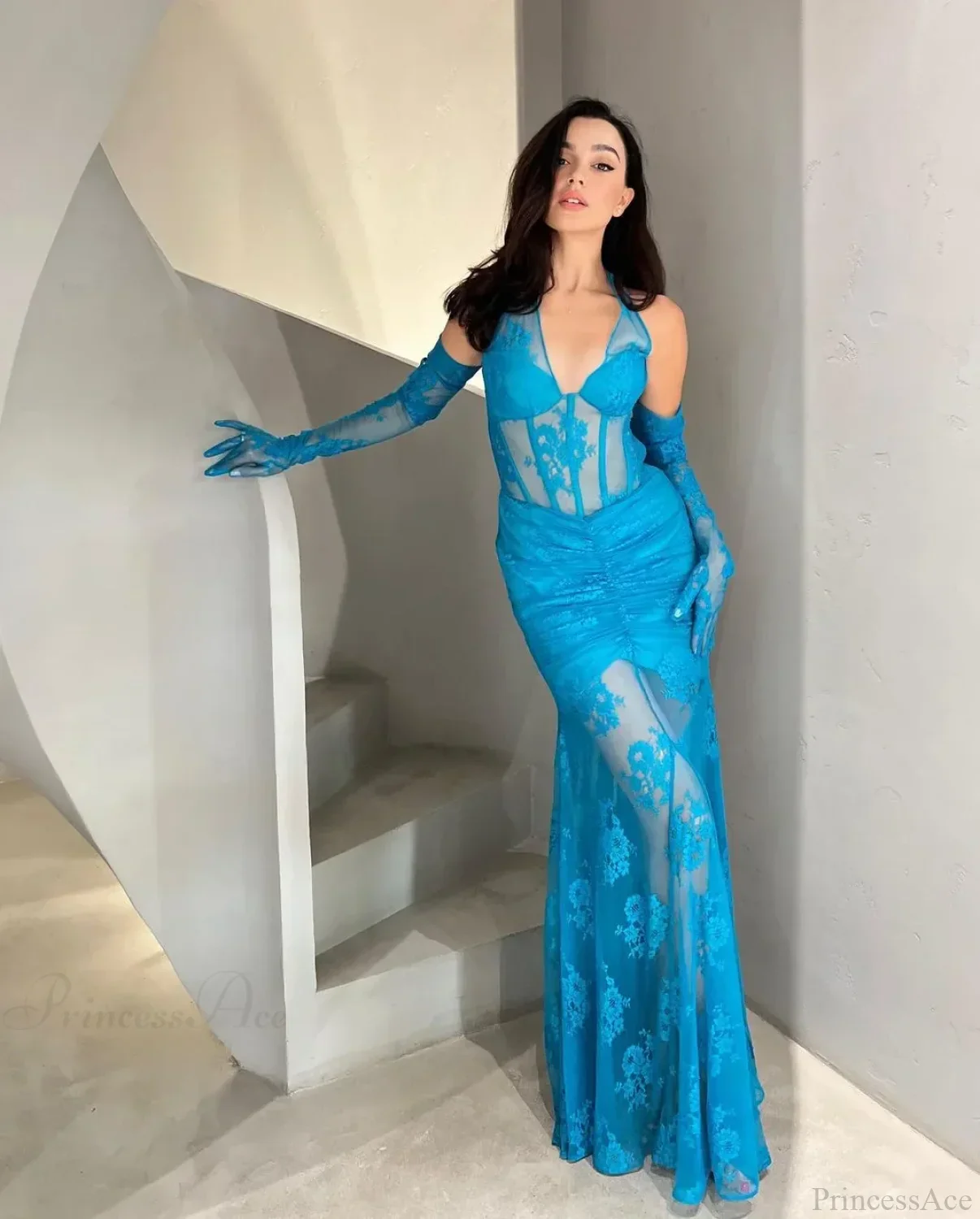 Mesh See-Through Lace Long Party Dress - Image 5