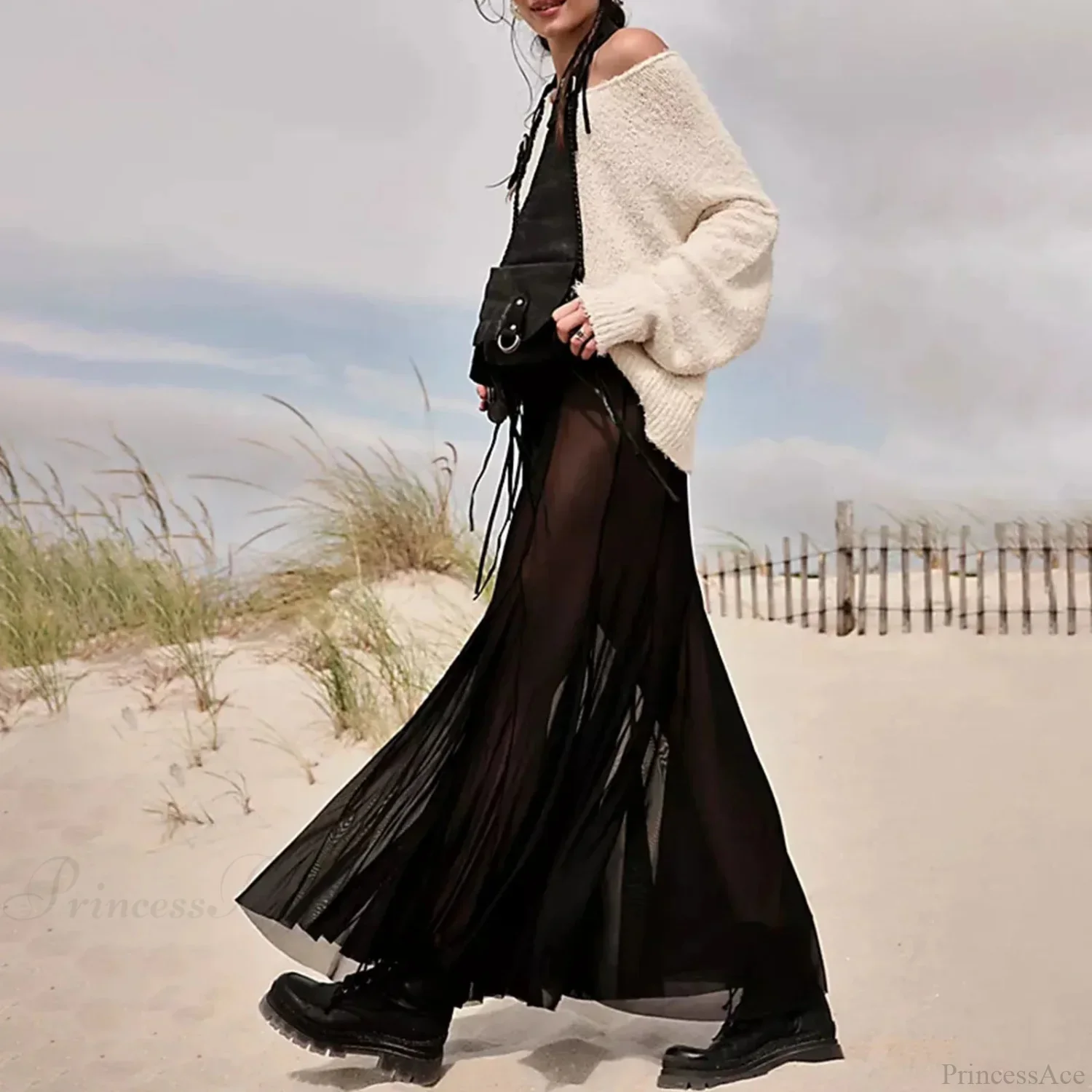 Mesh Transparent Frill Midi Skirt