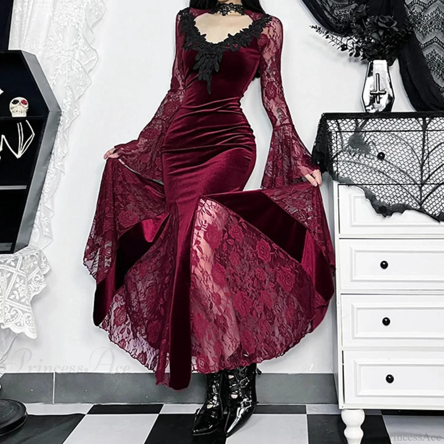 Mesh Velvet Hollow Out Long Dress - Image 3