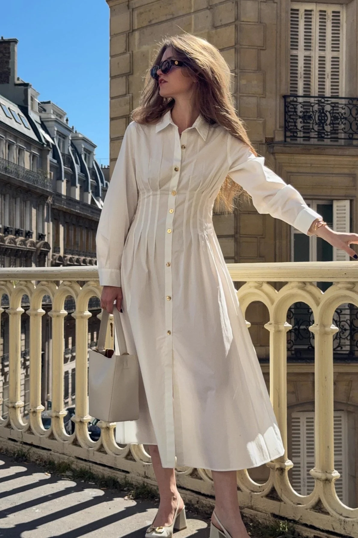 Metal Button Collared Long Sleeve Midi Dress