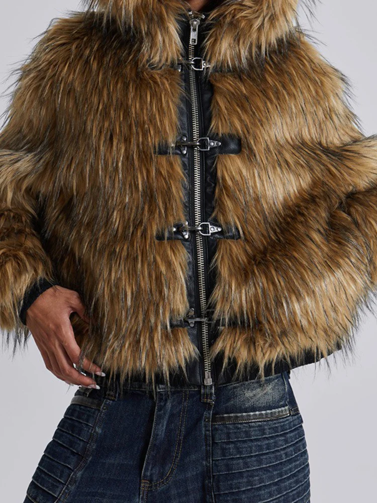 Metal Button Zipper Fur Leather Panel Loose Coat - Image 2