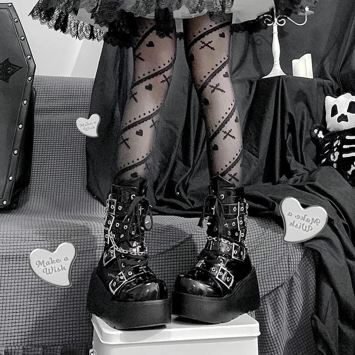 Metal Chain Patent Leather Rebellious Gothic Ankle Boot - Image 4