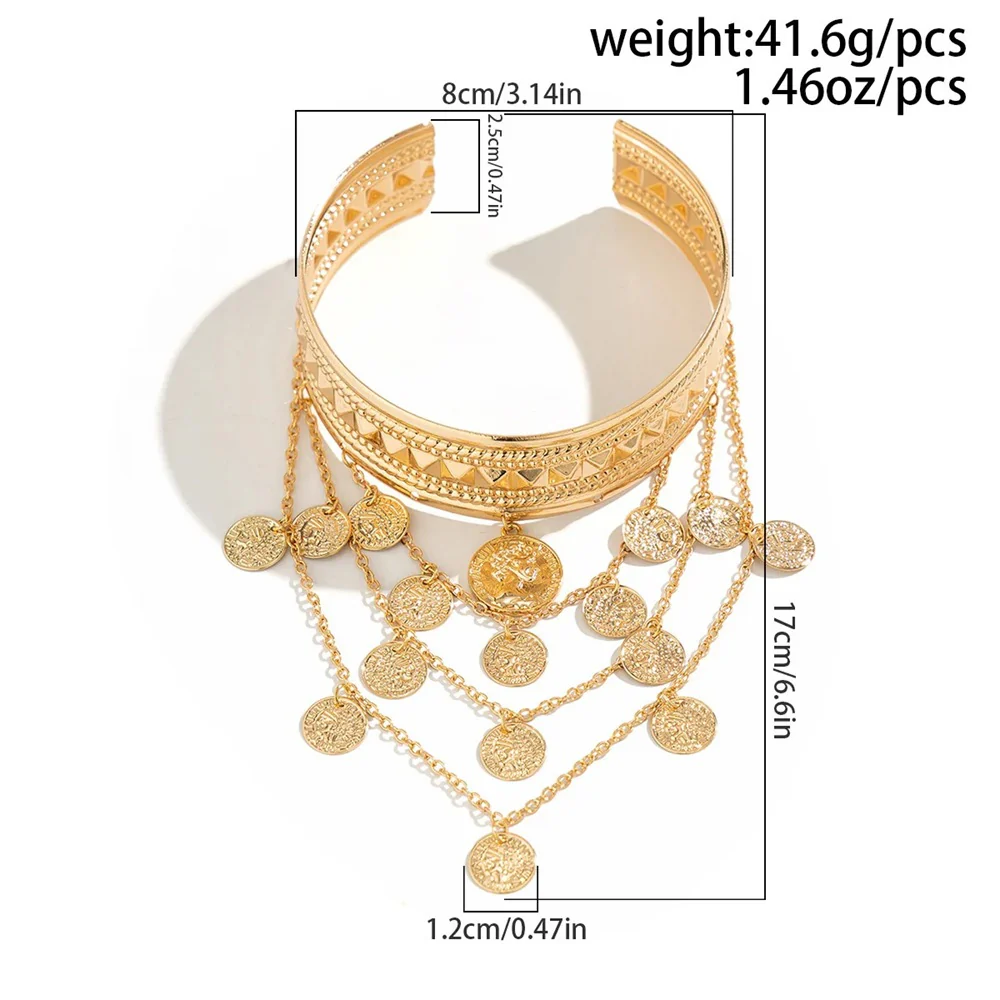Metal Leaf Coin Tassel Open Bracelet - Image 6