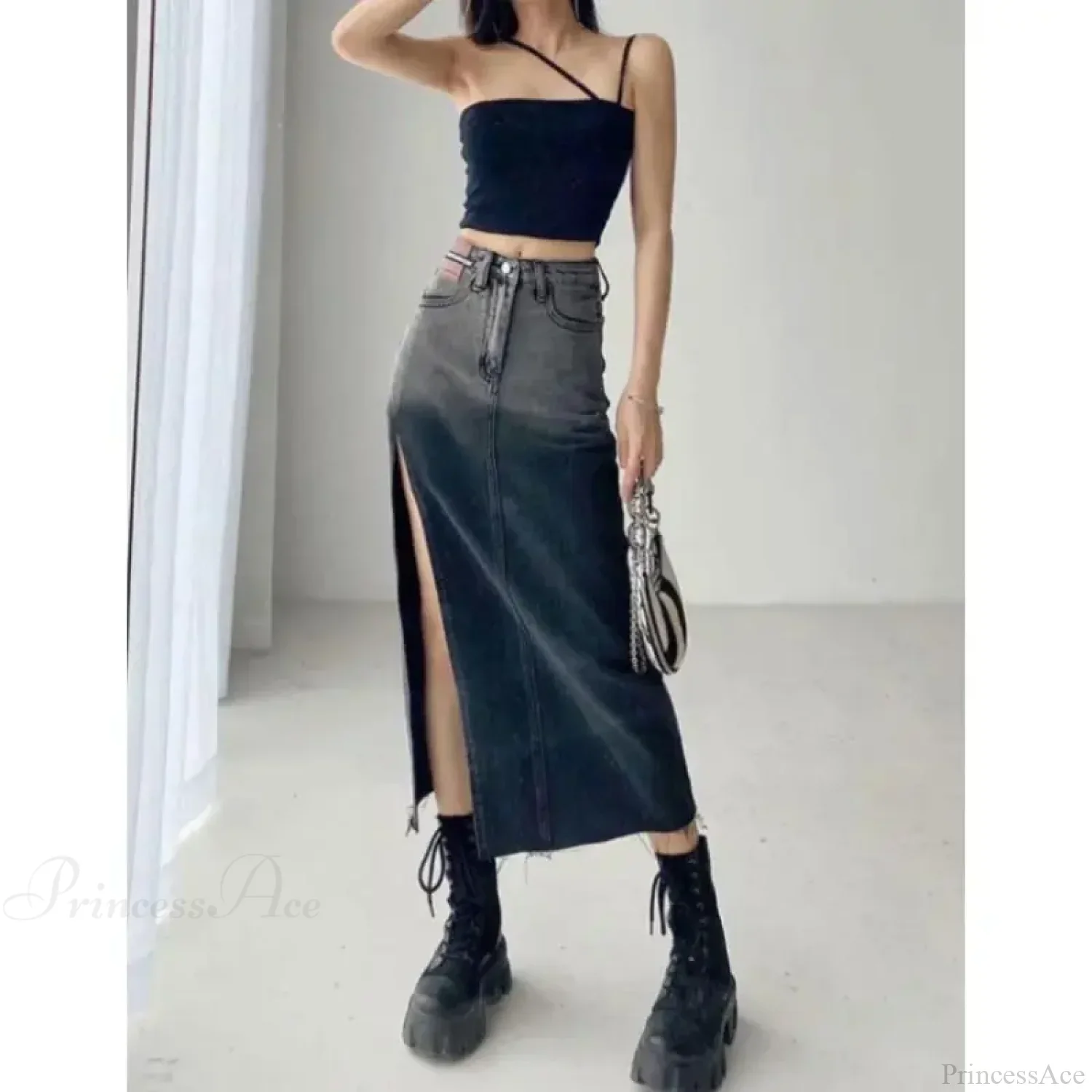 Mid-length Slit Denim Skirt - Image 2
