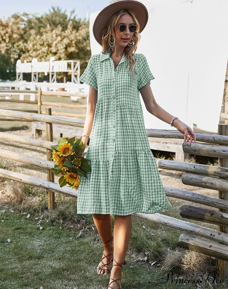 Midi Coastal Sundress Plaid Gown Casual Robe Blouse Vintage Gown Warm-Season Bohemian Loose Women Vestidos - Image 4