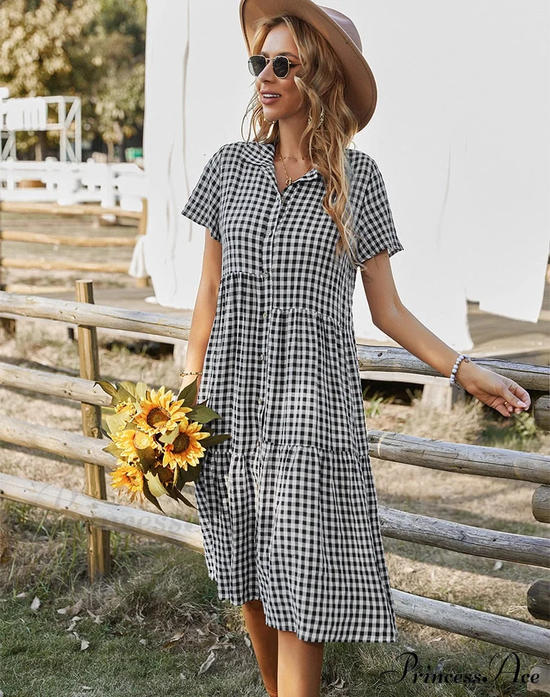 Midi Coastal Sundress Plaid Gown Casual Robe Blouse Vintage Gown Warm-Season Bohemian Loose Women Vestidos - Image 5