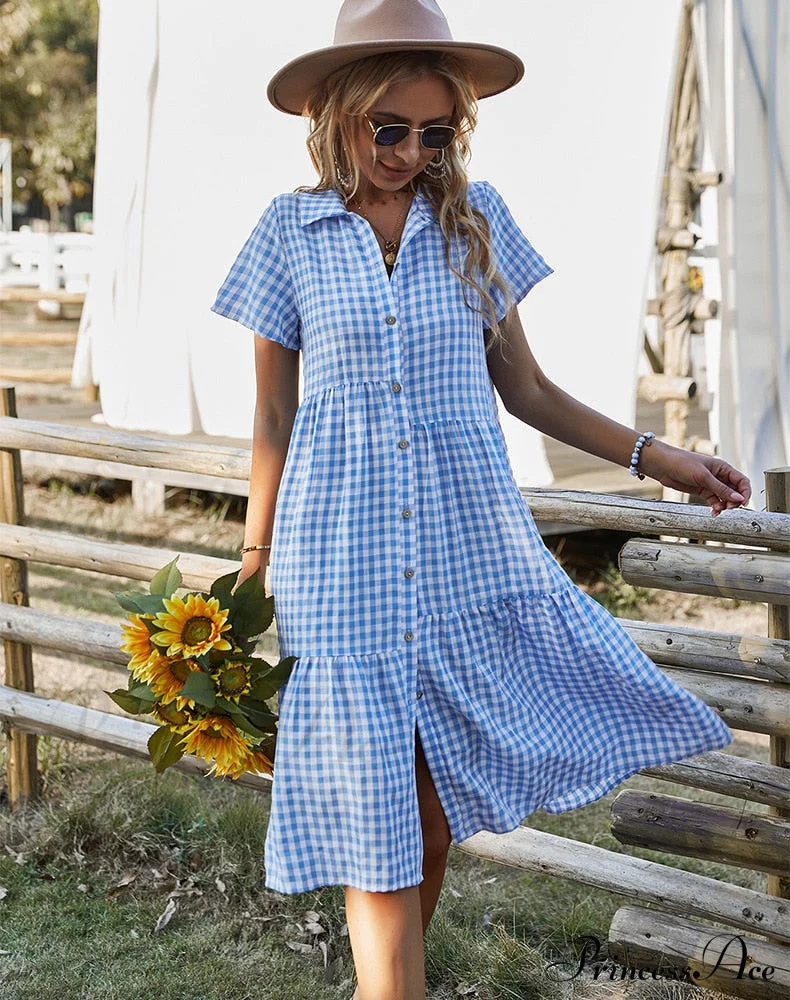 Midi Coastal Sundress Plaid Gown Casual Robe Blouse Vintage Gown Warm-Season Bohemian Loose Women Vestidos - Image 6
