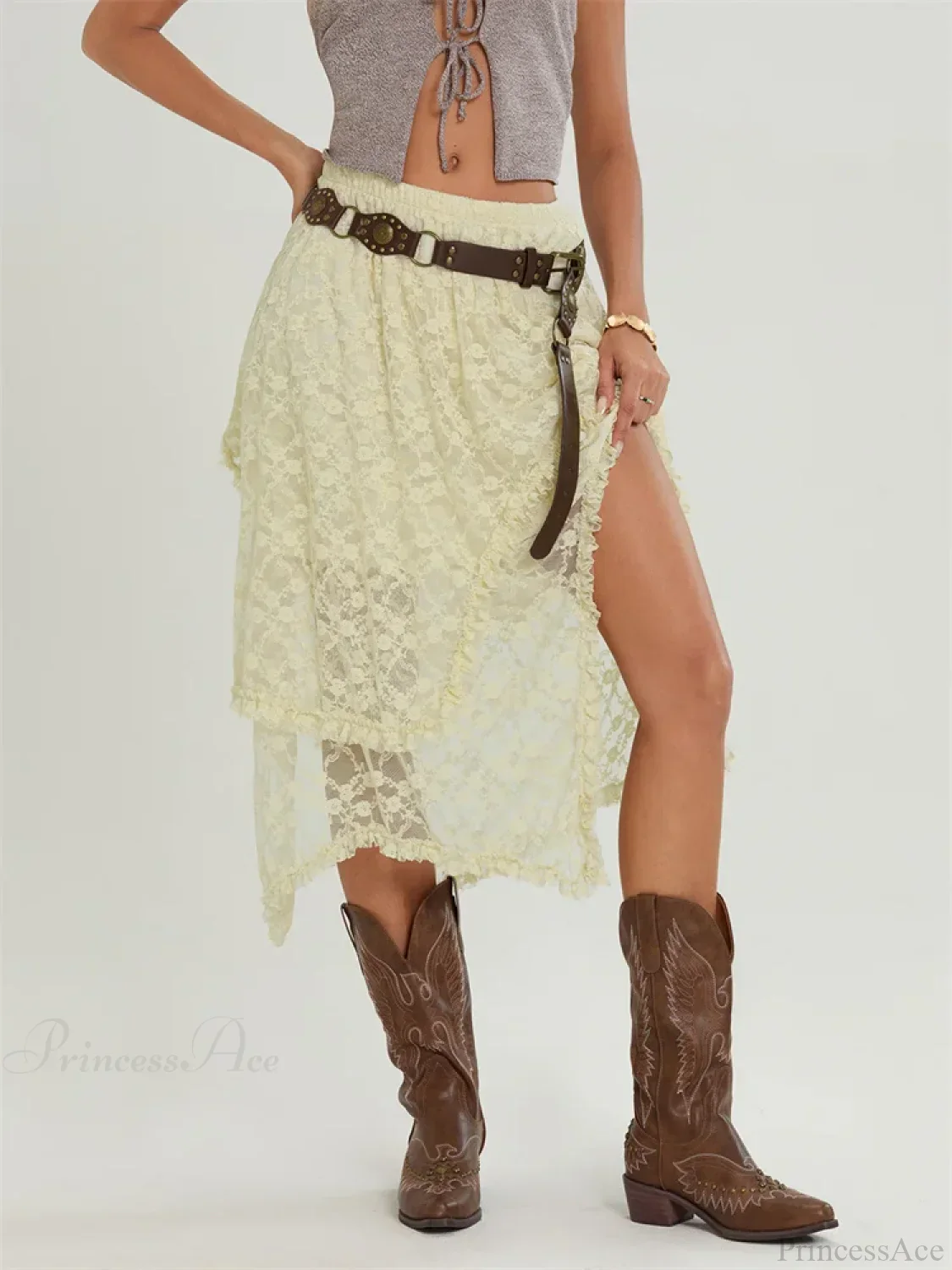 Midi Lace Floral Irregular Hem Elastic Waist Summer Skirt - Image 2