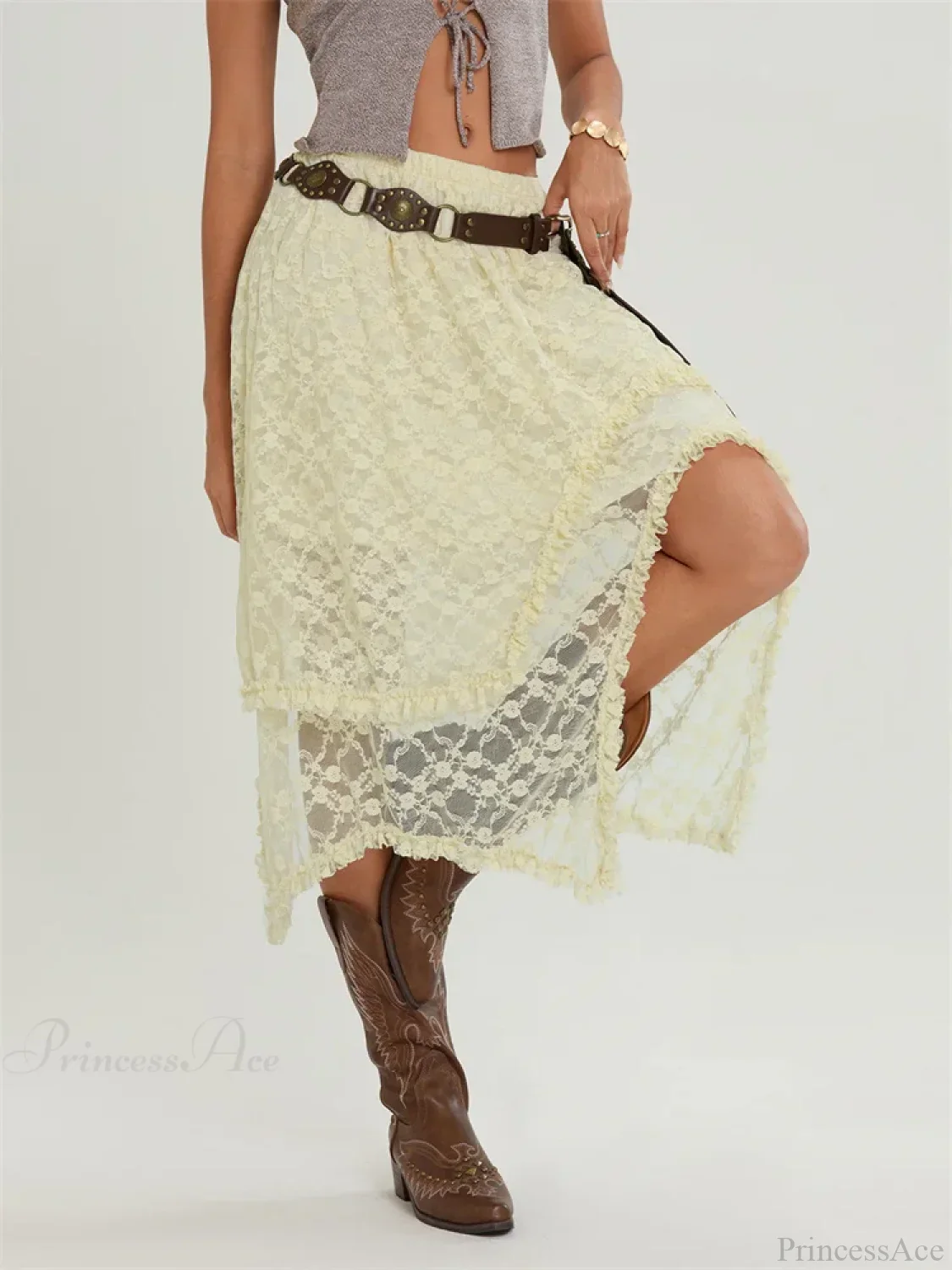 Midi Lace Floral Irregular Hem Elastic Waist Summer Skirt - Image 3