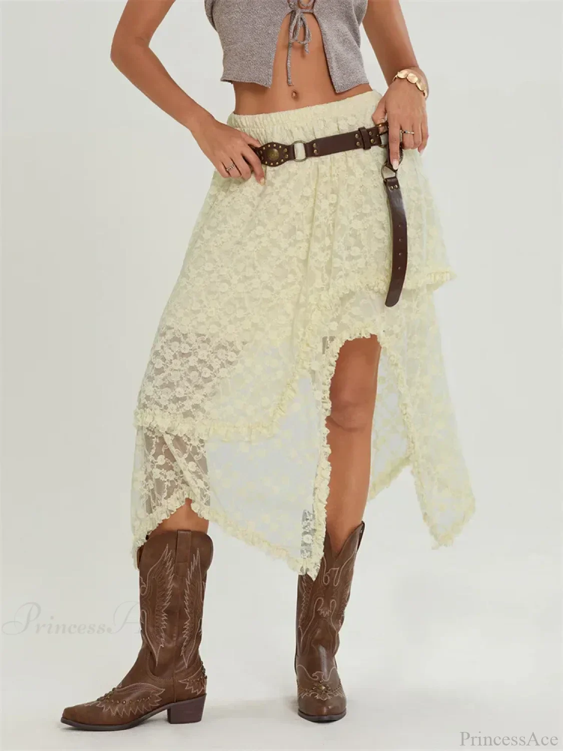 Midi Lace Floral Irregular Hem Elastic Waist Summer Skirt - Image 4