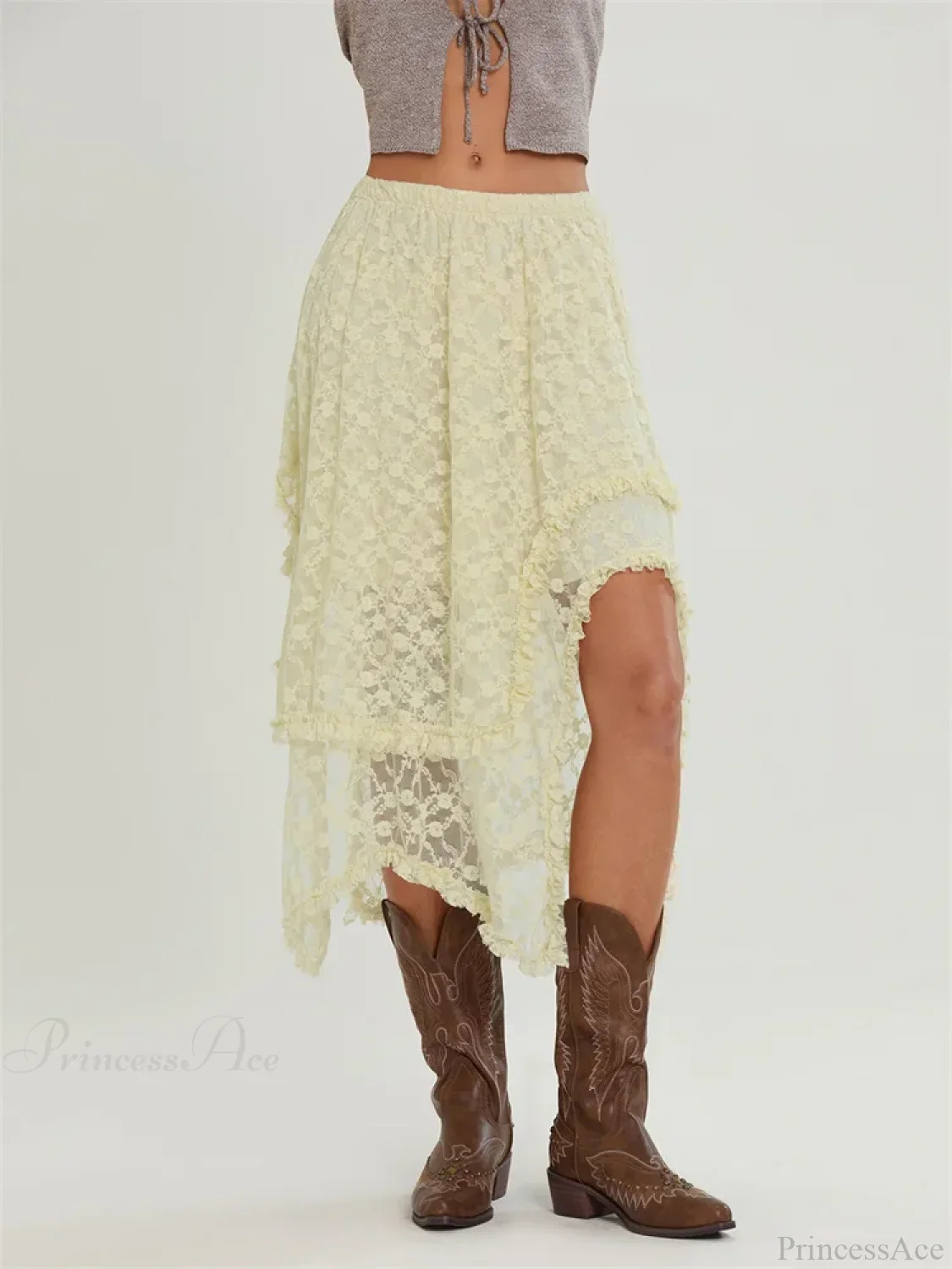 Midi Lace Floral Irregular Hem Elastic Waist Summer Skirt - Image 6