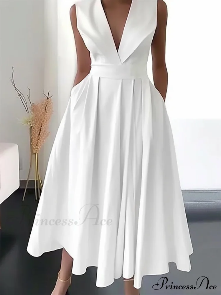 Midi White Loose Fit Swing Sleeveless Ruched Length Women's Gown V Party Neck S-3XL