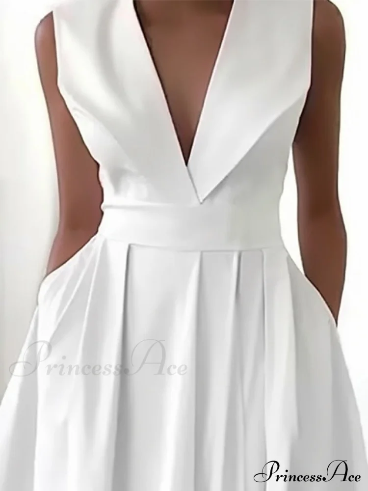 Midi White Loose Fit Swing Sleeveless Ruched Length Women's Gown V Party Neck S-3XL - Image 2
