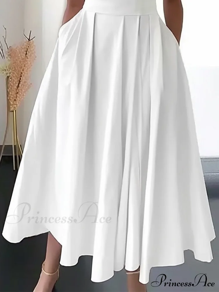 Midi White Loose Fit Swing Sleeveless Ruched Length Women's Gown V Party Neck S-3XL - Image 3