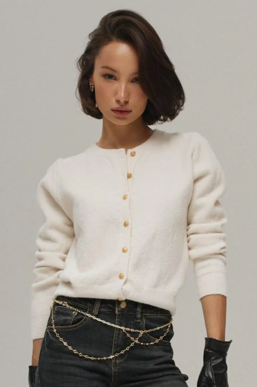 Minimalist Knitted Gold Buckle Crew Neck Cardigan - Image 7