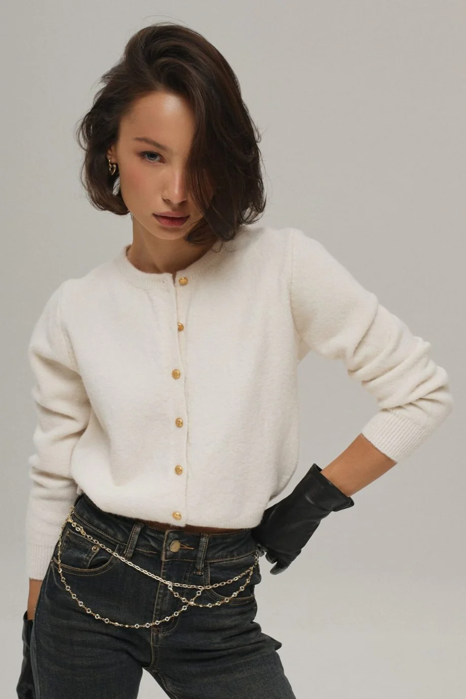 Minimalist Knitted Gold Buckle Crew Neck Cardigan - Image 8