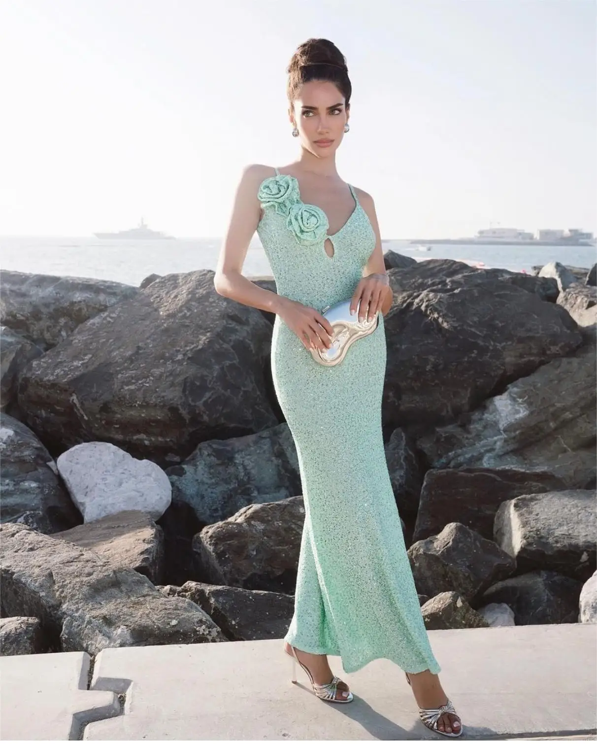 Mint Green Sequins Spaghetti Party Dress - Image 2