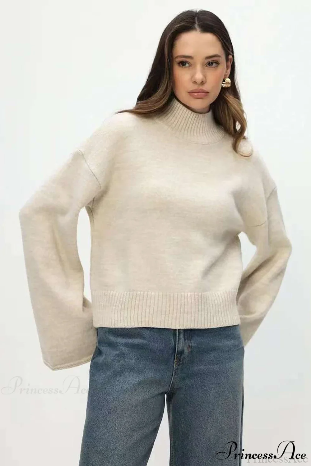 Mock Neck Bell-Sleeve Loose Short Sweater - Image 12