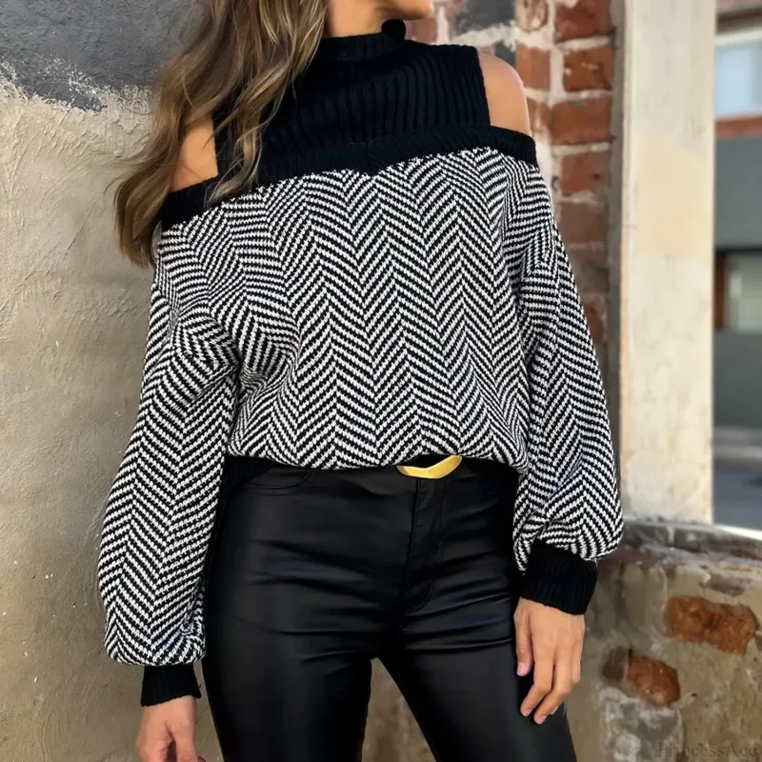 Mock Neck Hollow Out Black Sweater - Image 2