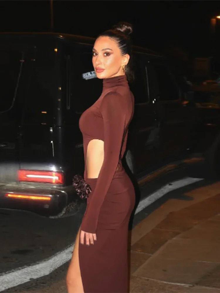Mock Turtleneck Solid Long Sleeve Party Dress - Image 3