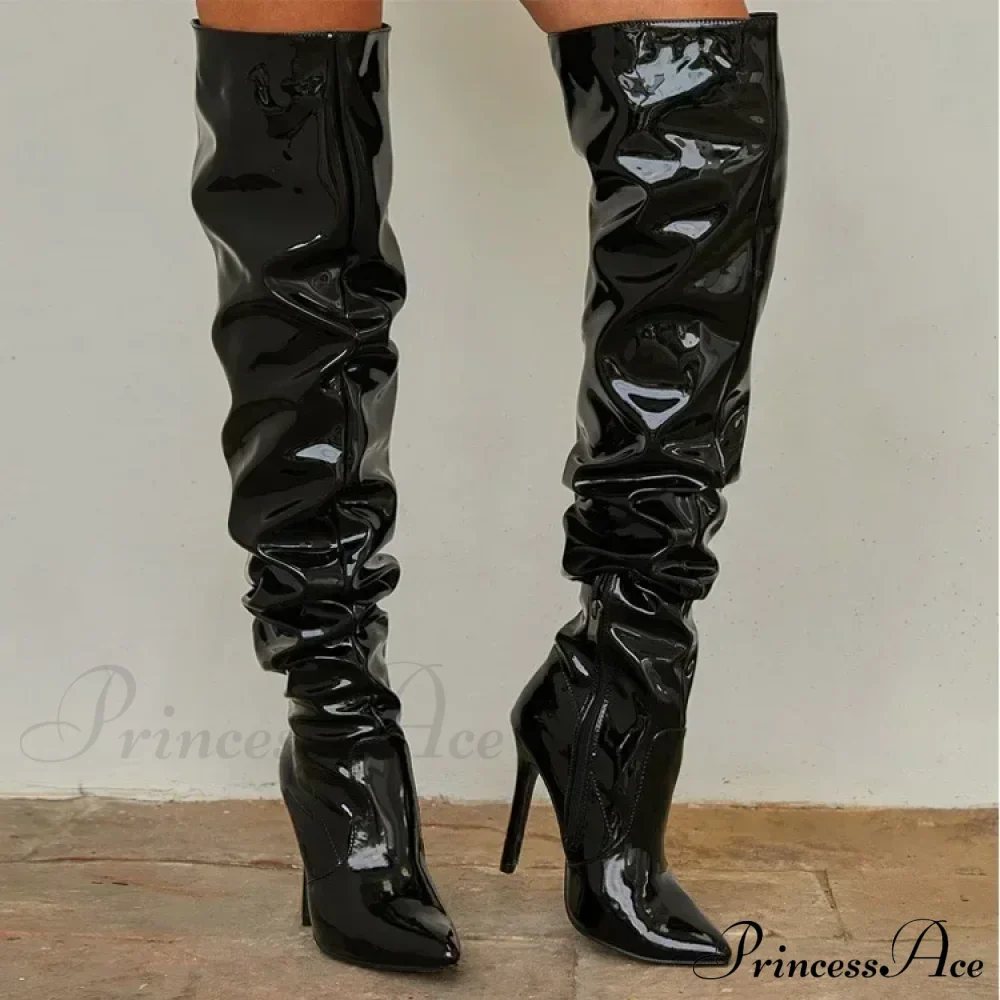 Modern Patent Leather Over-the-knee Boots with Elastic Detail - Image 8