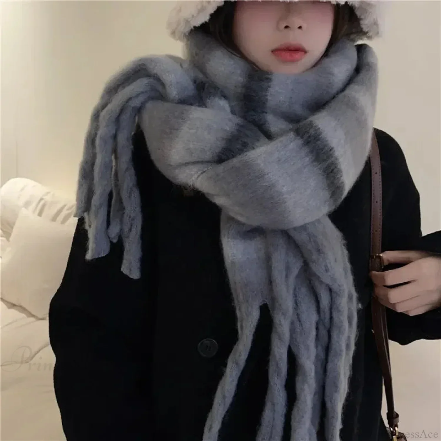 Mohair Winter Scarf - Solid Color, Thickened Wool, Fringed - Image 37