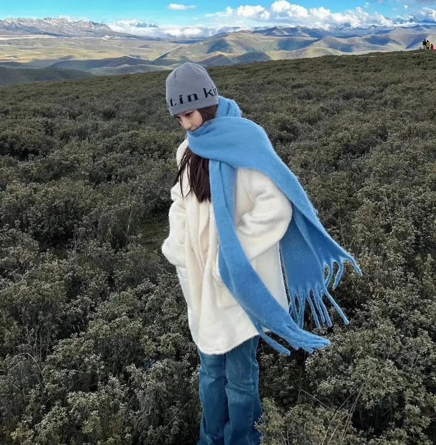 Mohair Winter Scarf - Solid Color, Thickened Wool, Fringed - Image 5