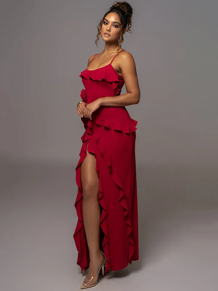 Mozision Elegant Ruffle Sexy Maxi Dress Women Spaghetti Strap Flower Party Dress - Image 2