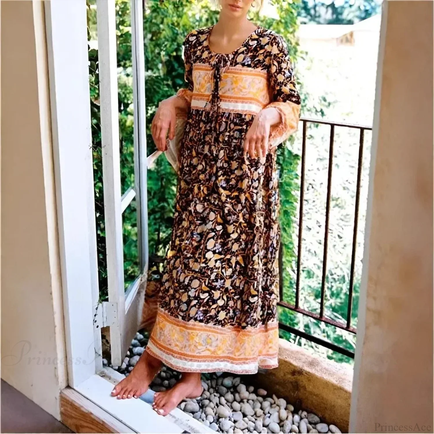Multi Floral Print Tie Neck Tassel Vintage Bohemian Maxi Dress - Image 2