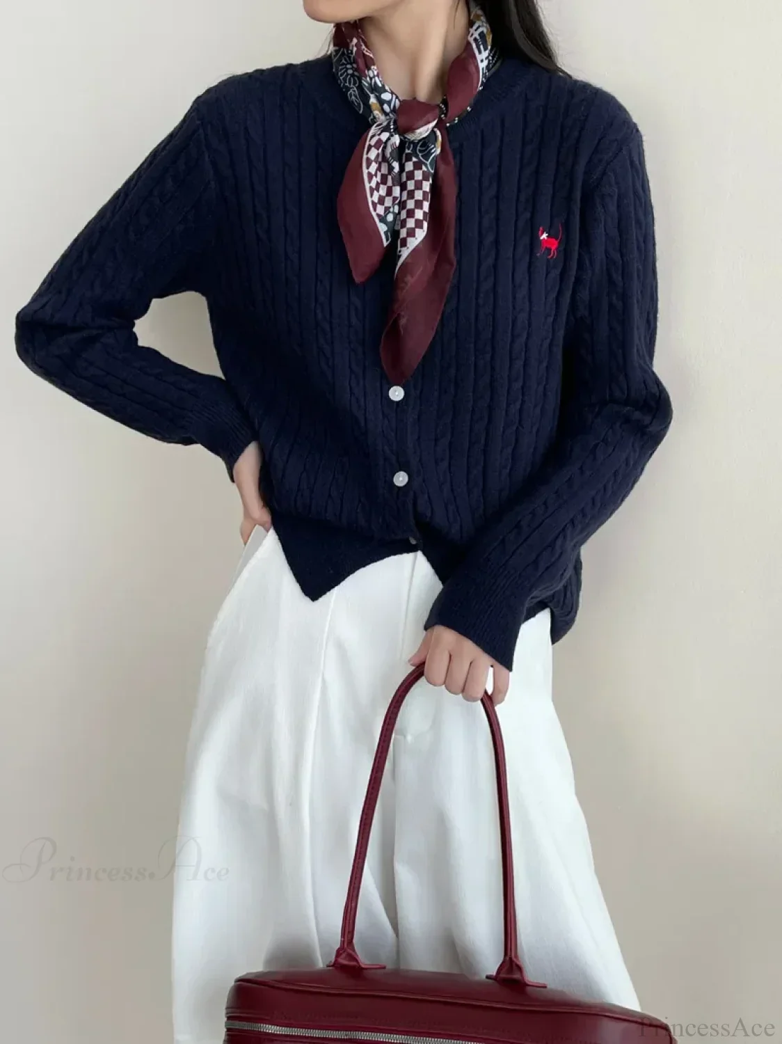 Navy Blue Cable Knit Cartoon Embroidered Trendy Cardigan Sweater