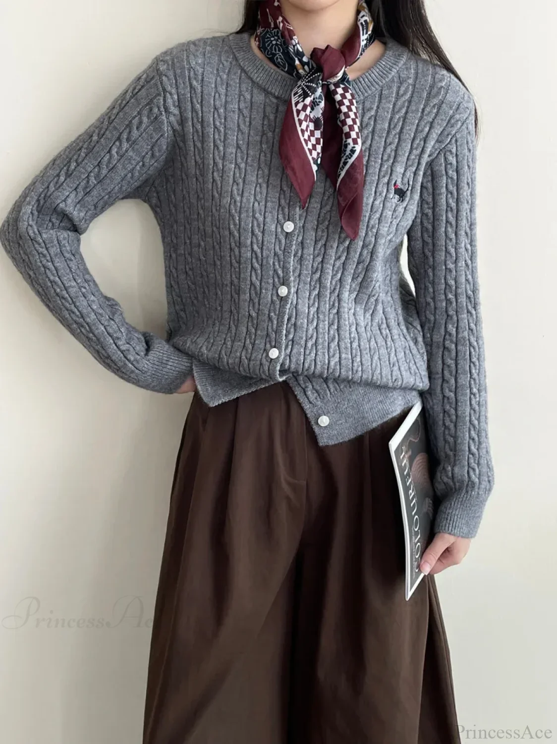 Navy Blue Cable Knit Cartoon Embroidered Trendy Cardigan Sweater - Image 5