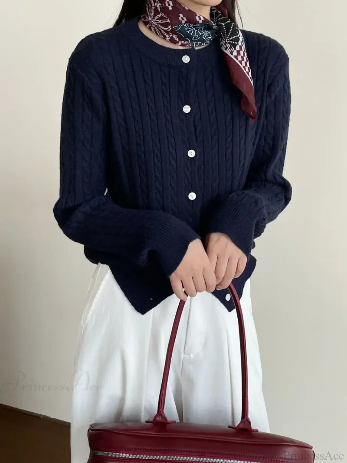 Navy Blue Cable Knit Cartoon Embroidered Trendy Cardigan Sweater - Image 6