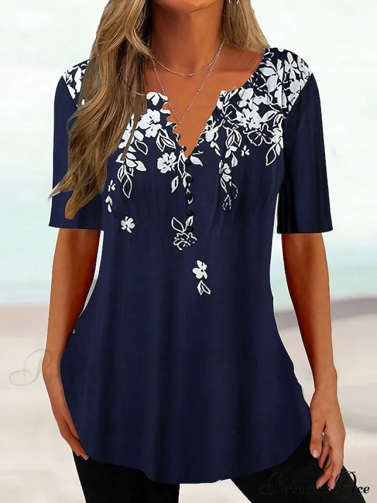 Navy Flowered Print Button Regular Neck T-shirt
