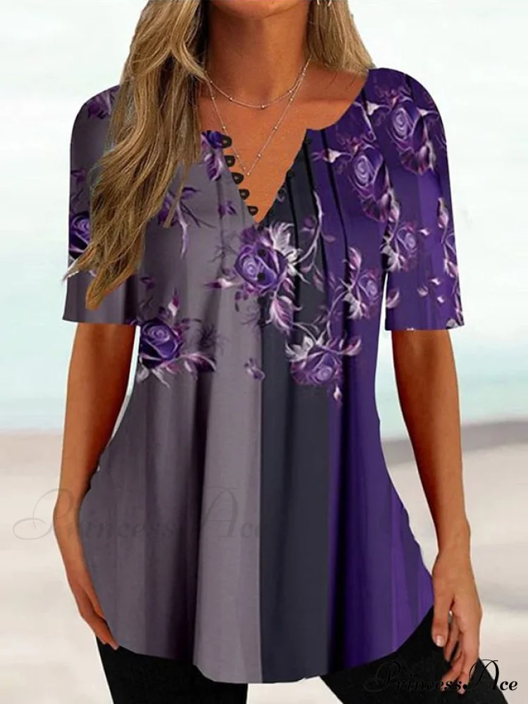 Navy Flowered Print Button Regular Neck T-shirt - Image 3