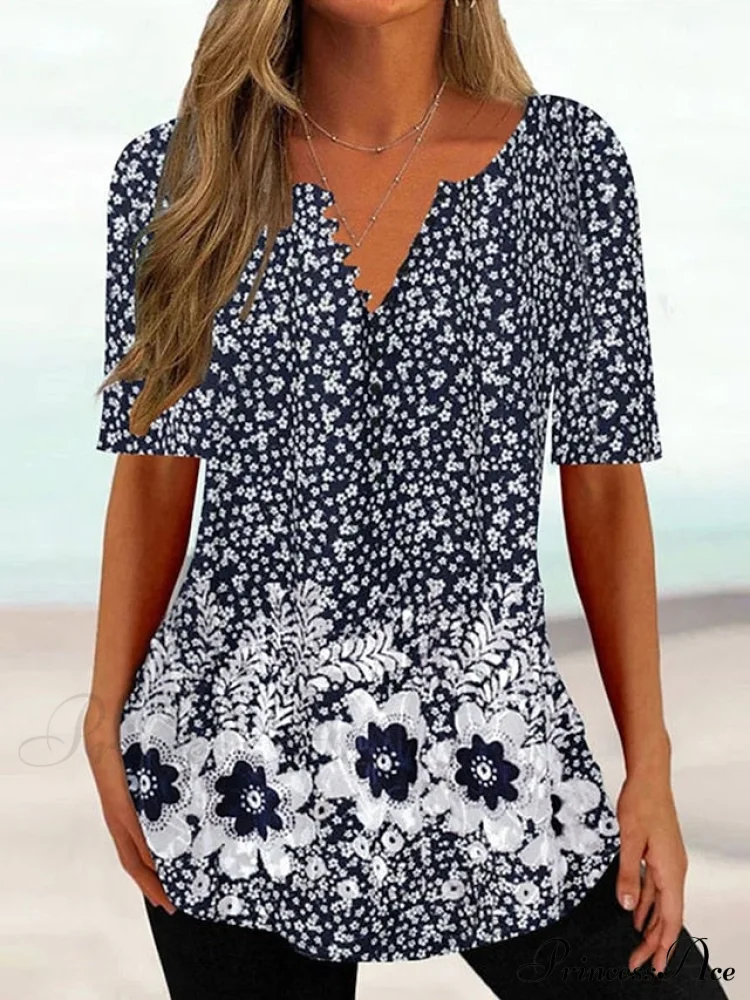 Navy Flowered Print Button Regular Neck T-shirt - Image 4
