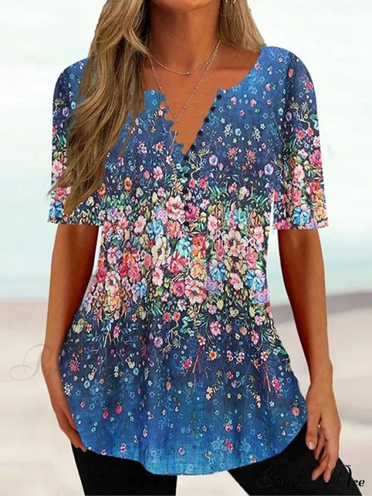Navy Flowered Print Button Regular Neck T-shirt - Image 5