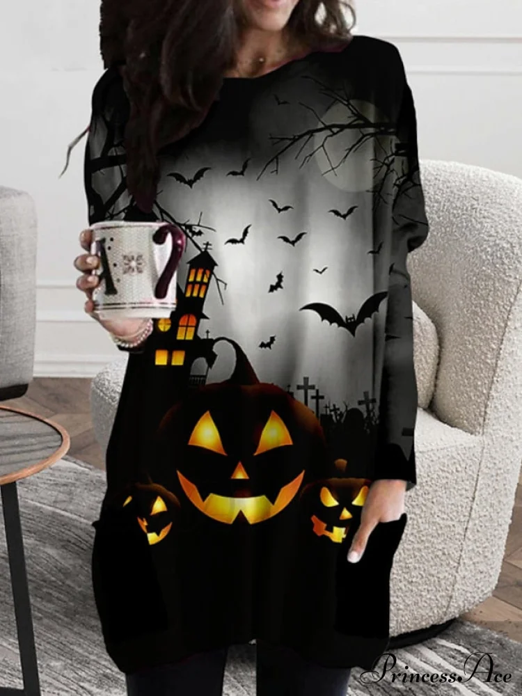 Neck Halloween Women's Casual - Fall Crew Blouse Pumpkin - Long Loose - Gown with - Winter Fit T - Design Black Arm - XXS-5XL
