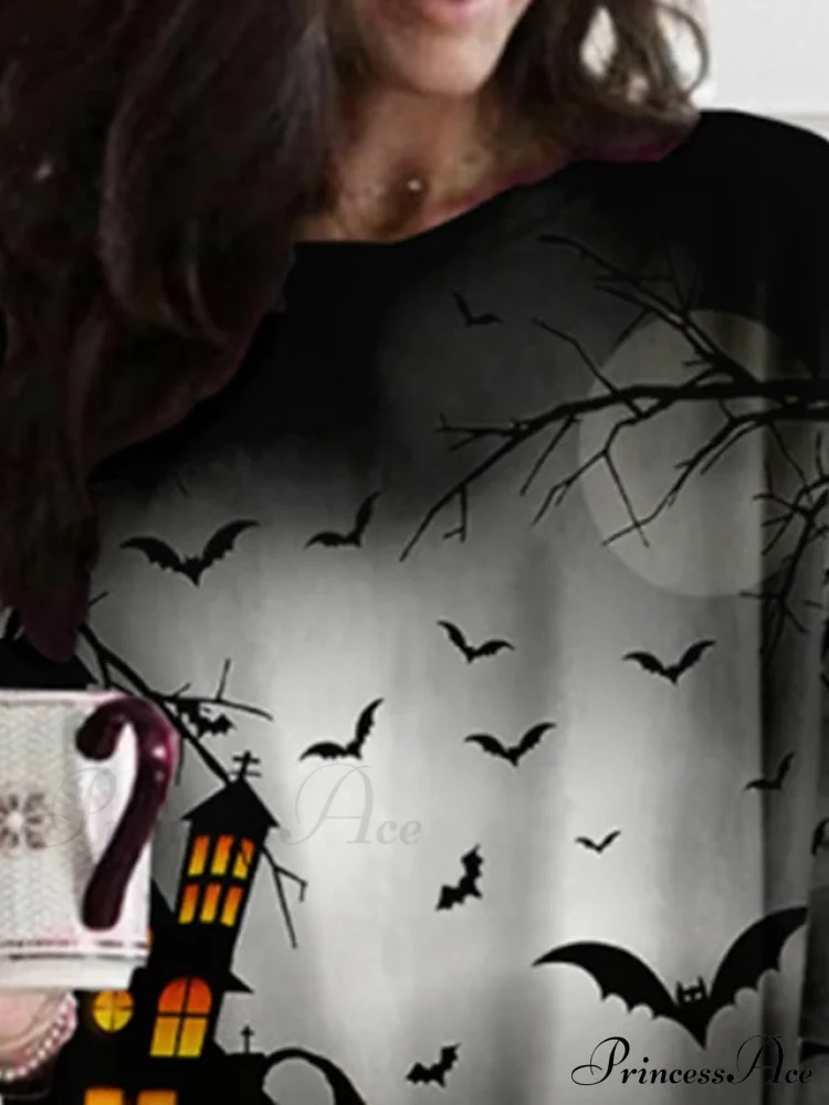 Neck Halloween Women's Casual - Fall Crew Blouse Pumpkin - Long Loose - Gown with - Winter Fit T - Design Black Arm - XXS-5XL - Image 2