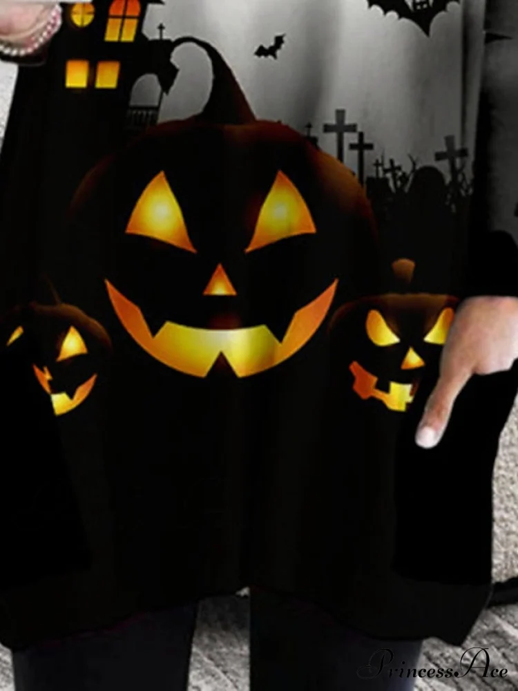 Neck Halloween Women's Casual - Fall Crew Blouse Pumpkin - Long Loose - Gown with - Winter Fit T - Design Black Arm - XXS-5XL - Image 3