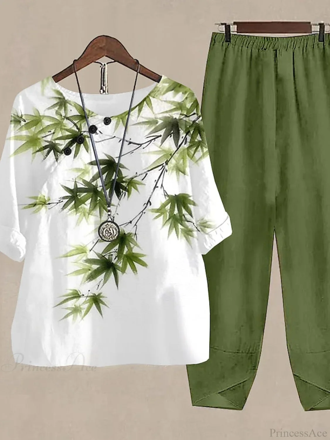 Neck Pants Round - Blue Army Design - Green Blouse Flowered Sets - Women's S-2XL
