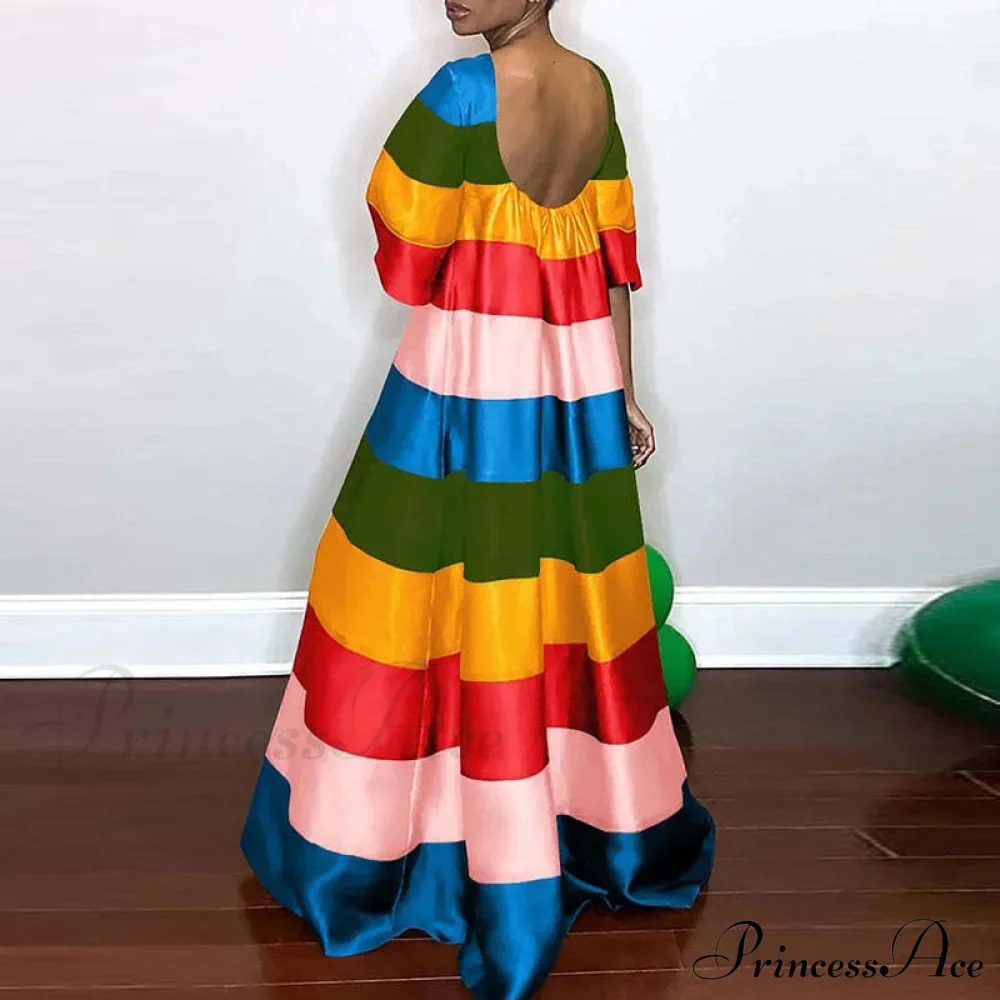 Neck Rainbow Striped Casual Party Gown Long Warm-Season Backless O Full-Length Dress - Image 2