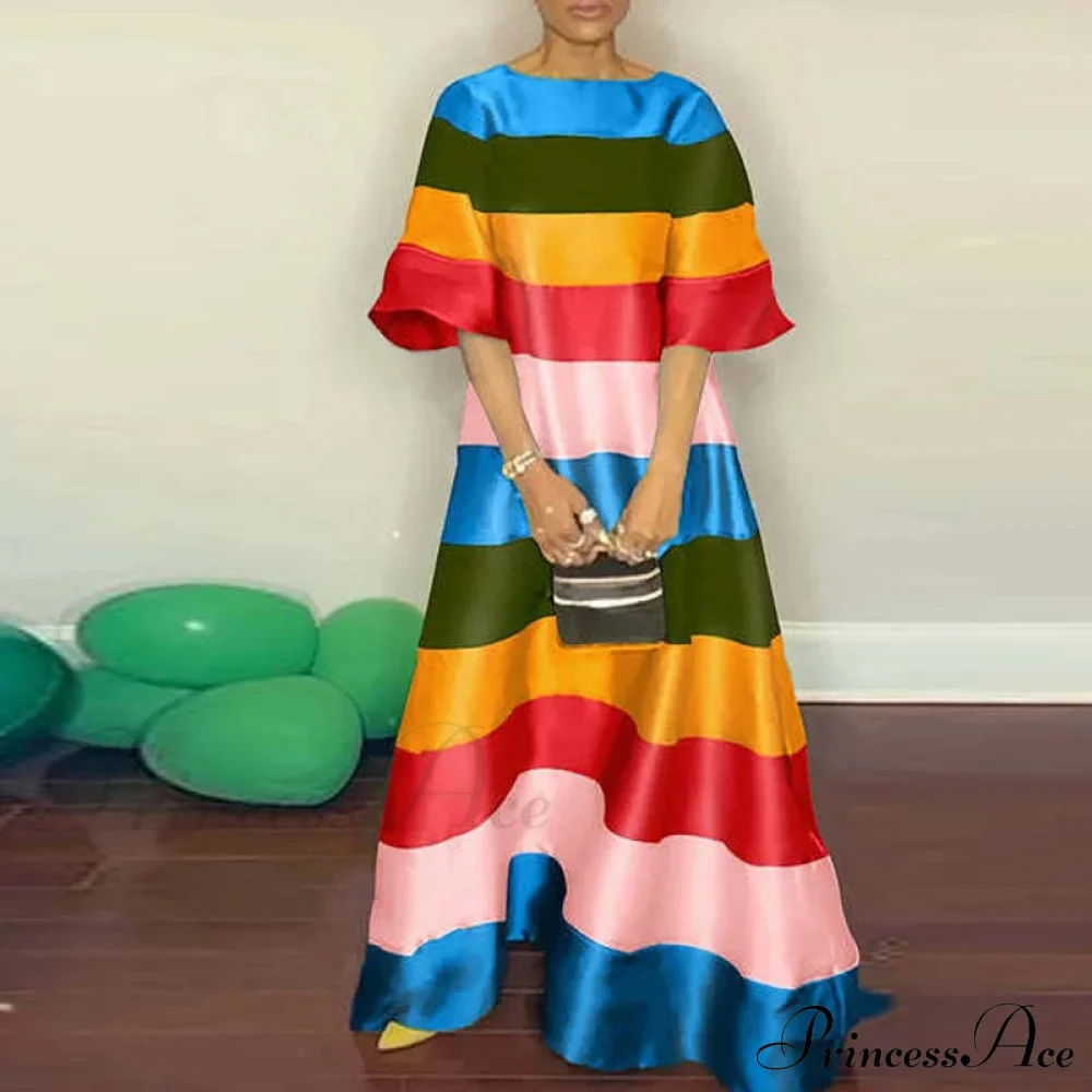 Neck Rainbow Striped Casual Party Gown Long Warm-Season Backless O Full-Length Dress - Image 3
