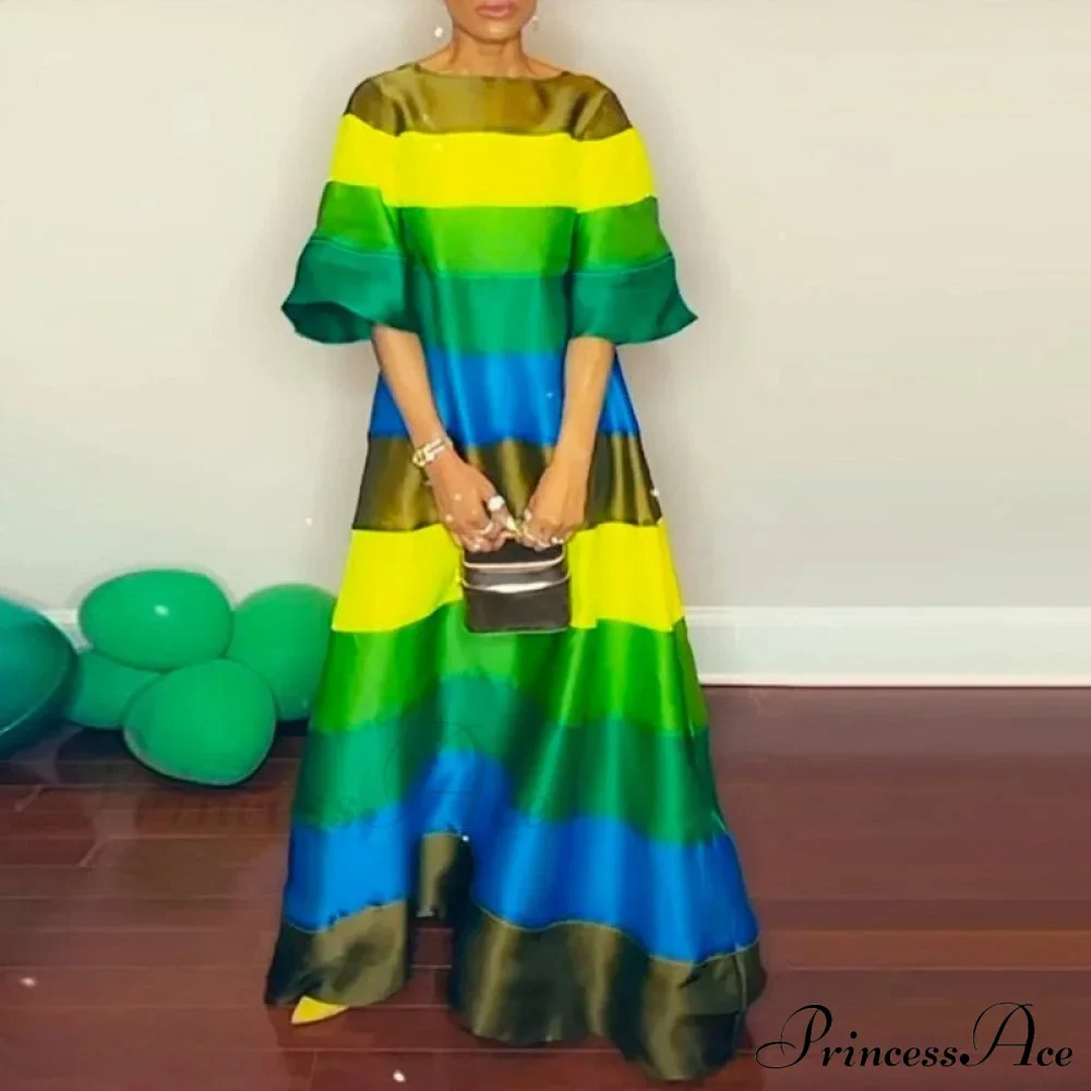 Neck Rainbow Striped Casual Party Gown Long Warm-Season Backless O Full-Length Dress - Image 6