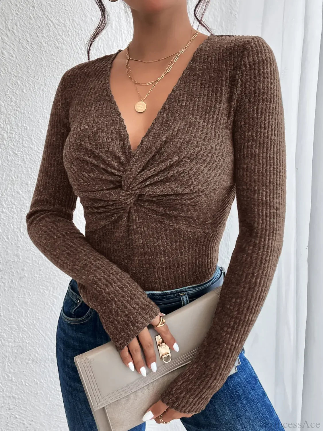 New Design Kink Deep V-Neck Solid Color Slim Sweater Top Women - Image 3