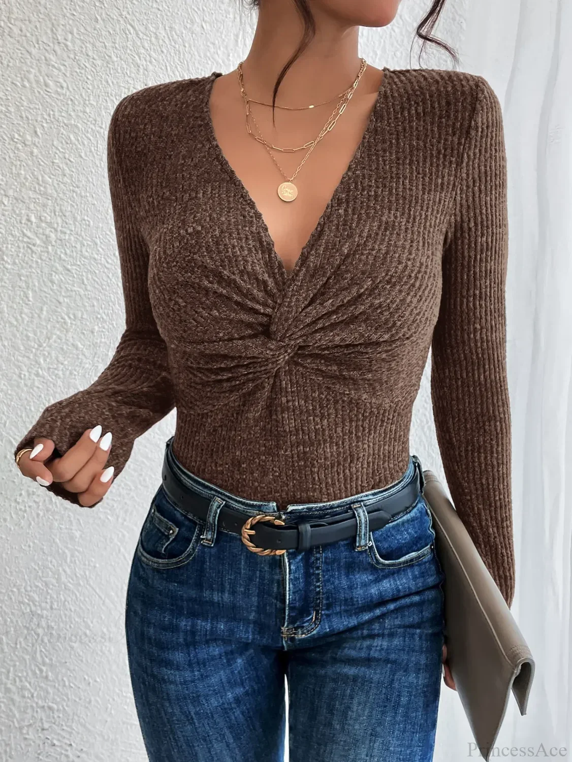 New Design Kink Deep V-Neck Solid Color Slim Sweater Top Women - Image 4