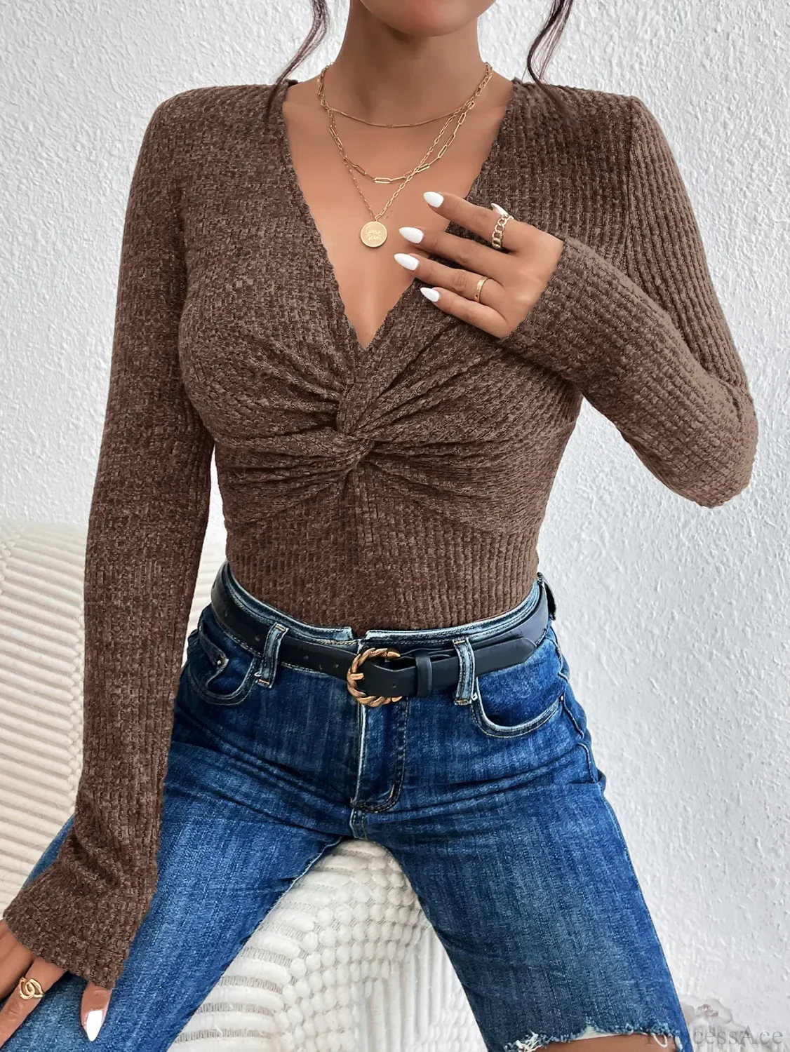 New Design Kink Deep V-Neck Solid Color Slim Sweater Top Women - Image 5