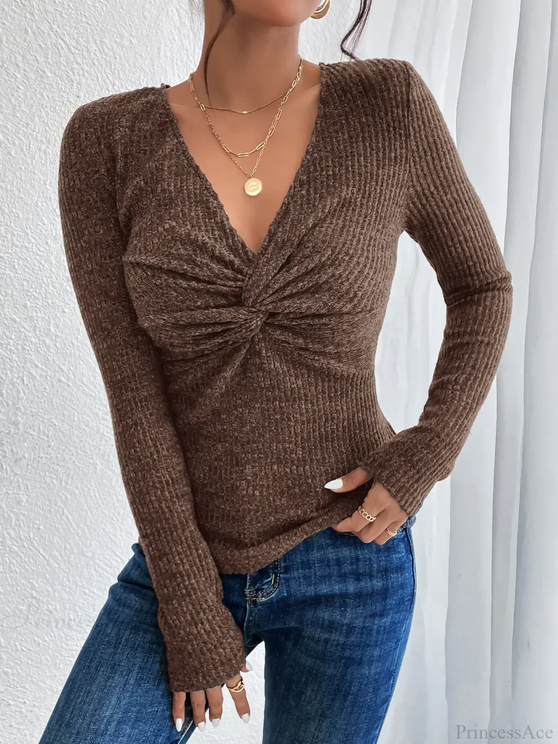 New Design Kink Deep V-Neck Solid Color Slim Sweater Top Women - Image 6