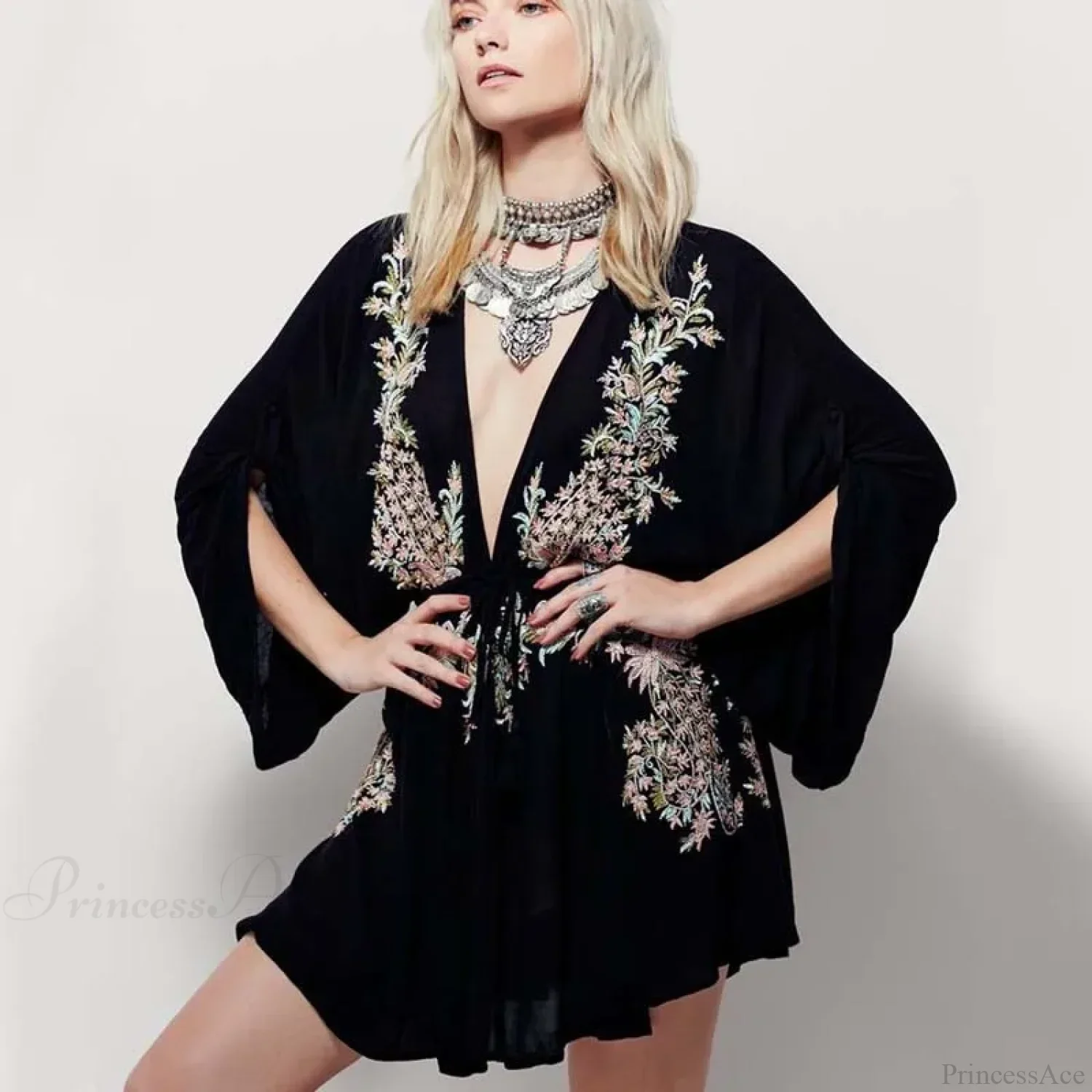 New Floral Embroidery Boho Dress Sexy Beach Dress Deep V-neck Mini Party - Image 3
